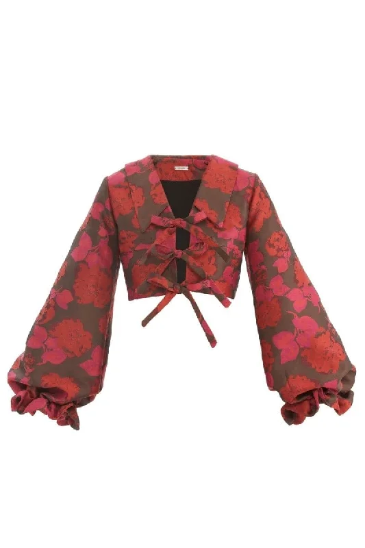 RED FLORAL PRINT CROPPED BOW BLOUSE