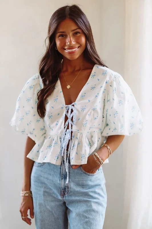 Roses in Bloom Crop Top - Blue and White