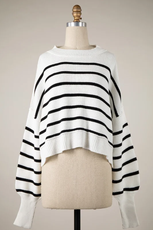 Rylan Stripe Crewneck Crop Sweater: Ivory/Black