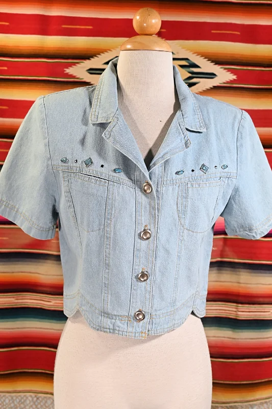 Vintage 80s Denim Top, Studded Western Style Cropped Top S