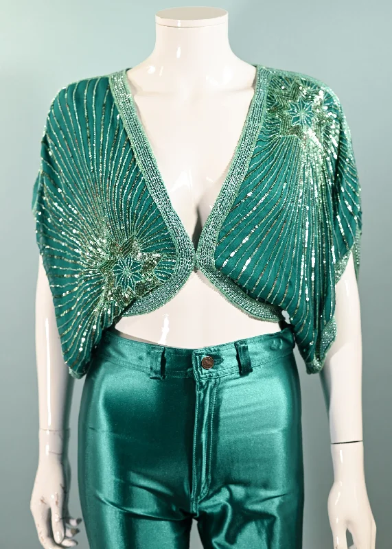 SOLD Vintage Turquoise Silk Beaded/Sequin Crop Top/Shrug, Stars Celestial Top S