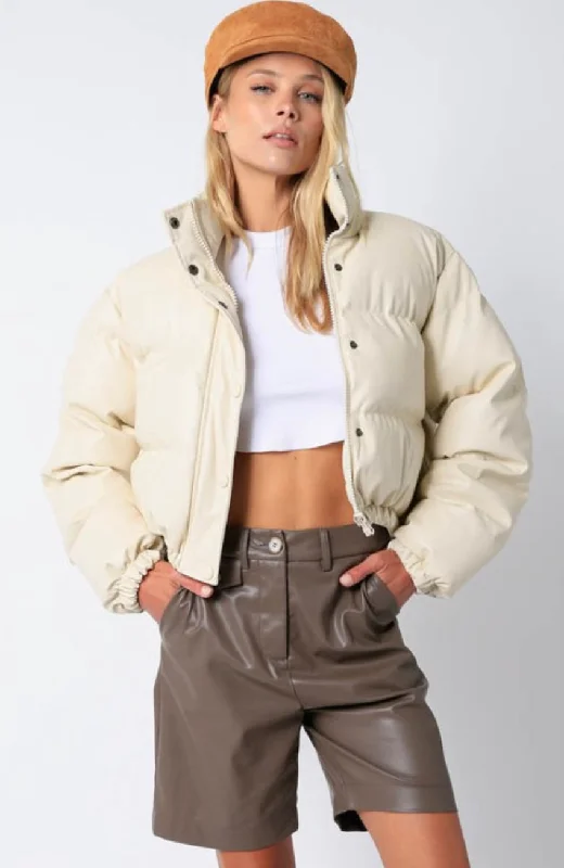 Winter Nights Crop Faux Leather Puffer Jacket: Beige