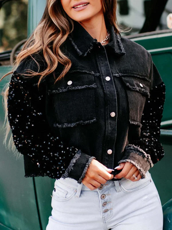 Distressed Denim Sparkling Sequin Patchwork Crop Jacket