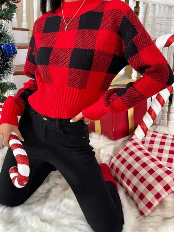 Festive Cropped Plaid Knit Sweater