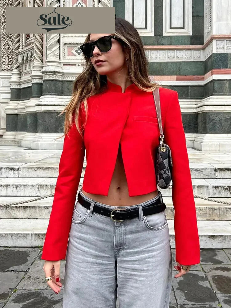 High-Neck Red Cropped Blazer – Tailored Women’s Jacket