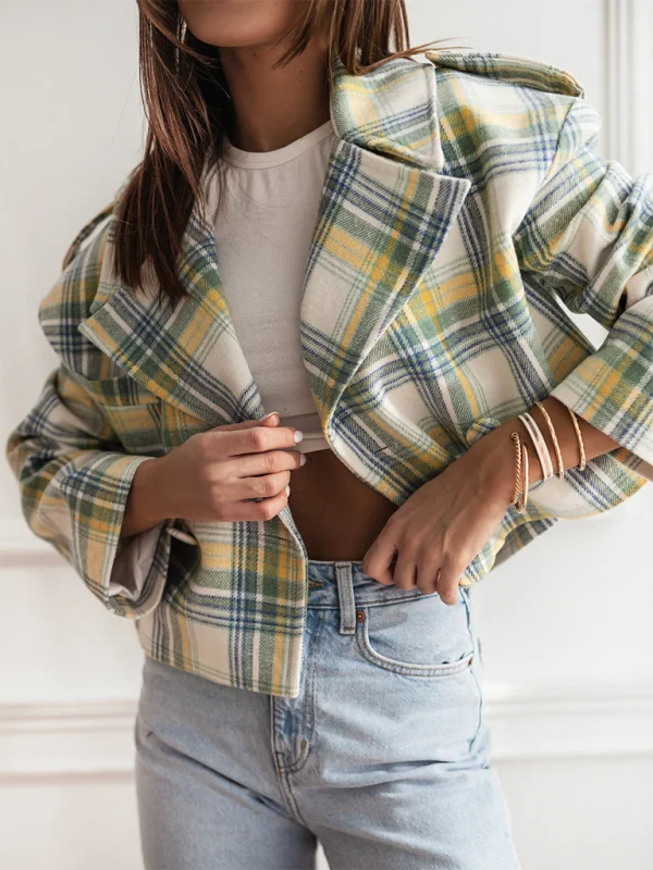 Plaid Crop Boxy Jacket with Notch Lapel for Women