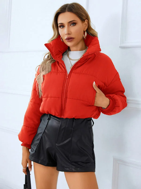 Solid Crop Puffer Jacket with Zip-Up & Handy Pockets